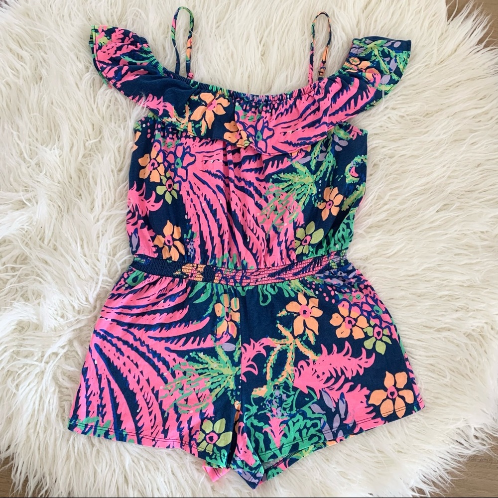 Girls Navy Floral Tropical Ruffle Romper